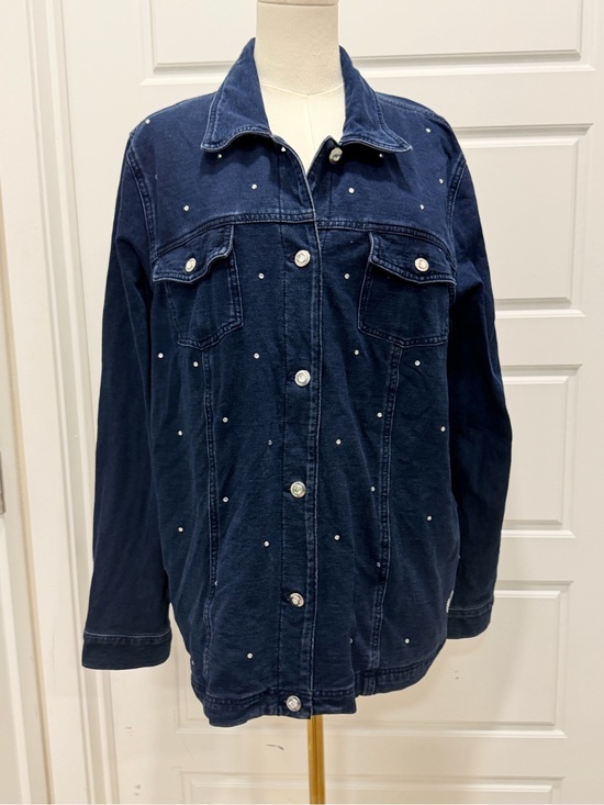 Quacker Factory Jackets & Blazers - Dark Blue Rhinestone Embellished Stretch Denim Jacket - Women